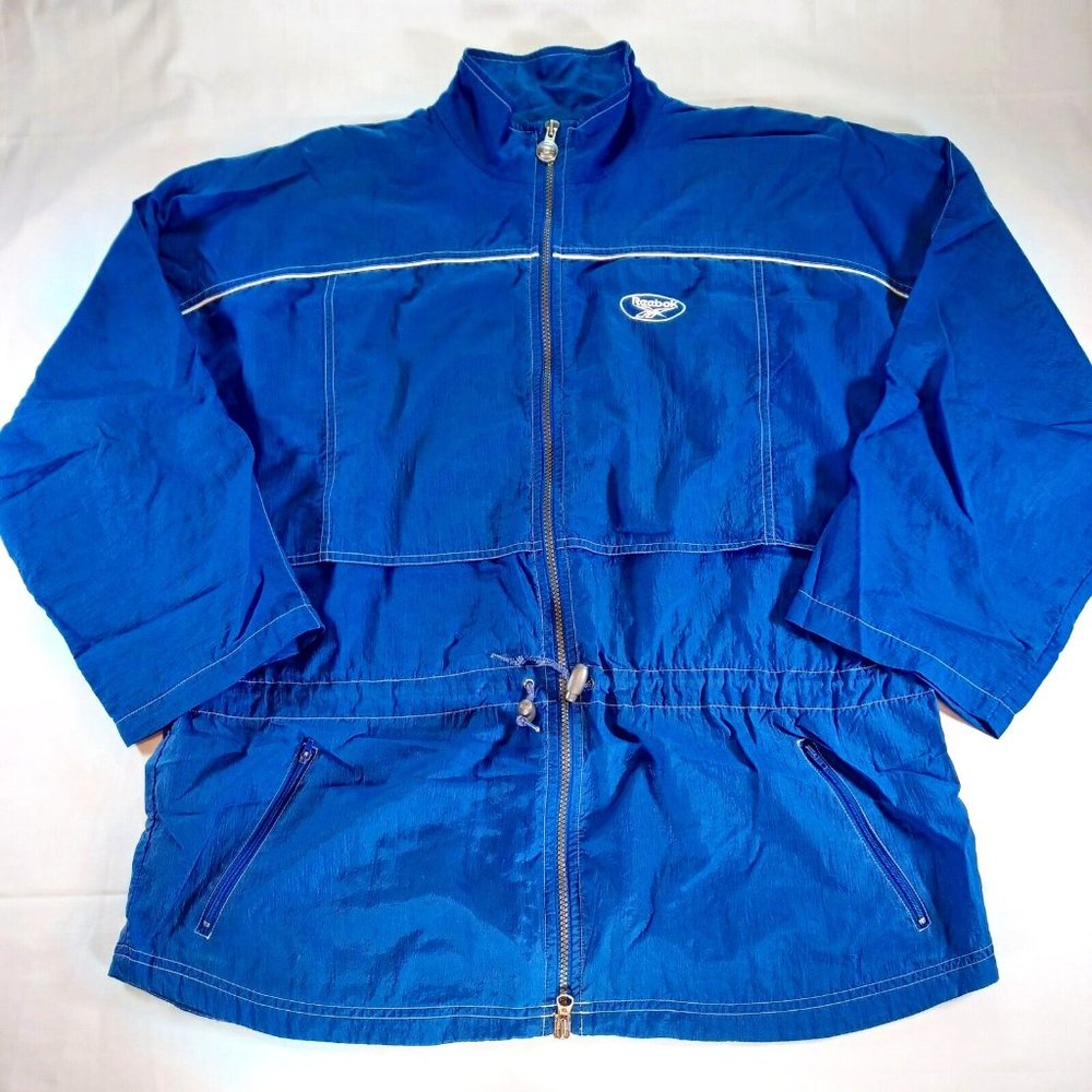 Vintage Reebok Men's Size L Spell Out Blue White Long Nylon Windbreaker Jacket